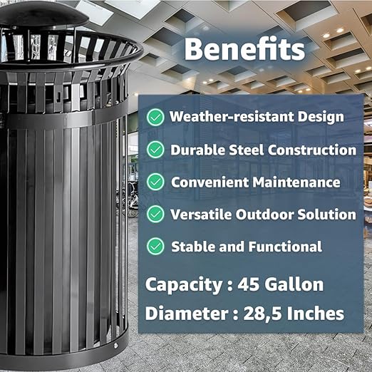 45 Gallon Black Trash Can with Rain Bonnet Lid, Outdoor Heavy-Duty Commercial Waste Bin Steel Slatted, Round Recycle Container, Durable Garbage Can for Parks, Municipalities, Schools, Parking