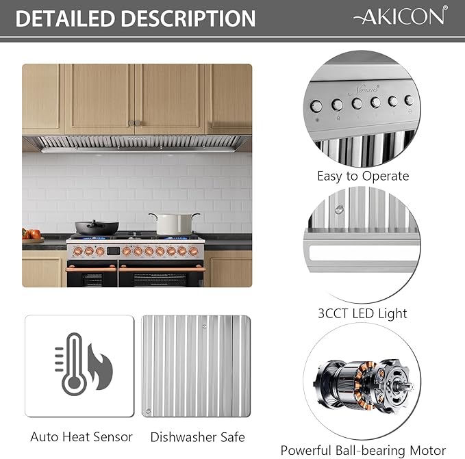 Akicon 60 Inch Range Hood Insert with Heater Sensor, 1200 CFM Ultra-Quiet Stainless Steel Ducted Vent Hood Insert with 4 Speed Fan, Dimmable LED Lights and Dishwasher Safe Filters