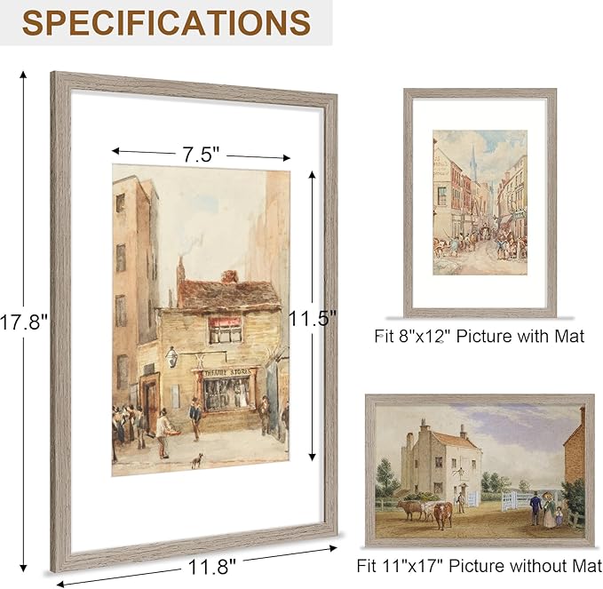 Vittanly 11x17 Picture Frame, Solid Wood Frame with Plexiglass, Includes 8x12 Mat, Wall Hanging for Photos, Home Decor, Light Brown, 1 Pack