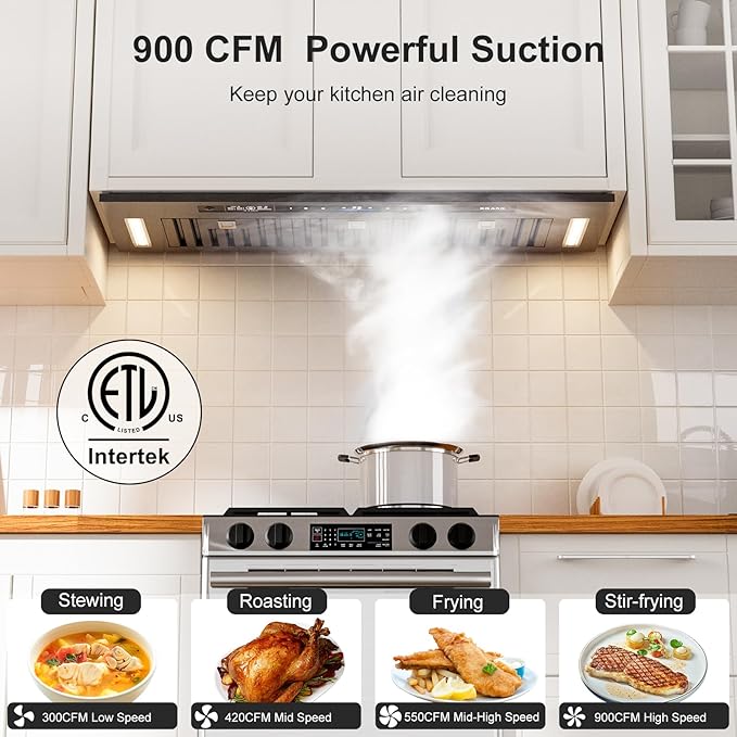 BRANO Range Hood Insert 36 Inch, 900 CFM Voice/Gesture/Touch Control Build-in Kitchen Hood Vent with 4 Speed Exhaust Fan, Memory Mode, Adjustable Lights, Ducted/Ductless Convertible