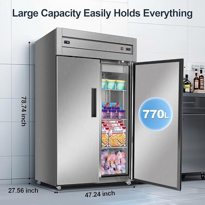 Tylza Commercial Refrigerator and Freezer Combo, 48" W Dual Temperature Zones, All Stainless Steel Design, 770L 6 Adjustable Shelves Refrigerator and Freezer Combo for Restuarant, Shop, Garage, etc