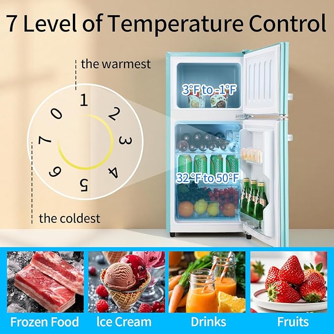 Anukis 3.2 Cu.Ft Retro Refrigerator with Freezer, 2 Door Mini Fridge with Adjustable Thermostat,Small Refrigerator for Apartment, Dorm, Office, Family, Basement, Garage (Mint Blue)