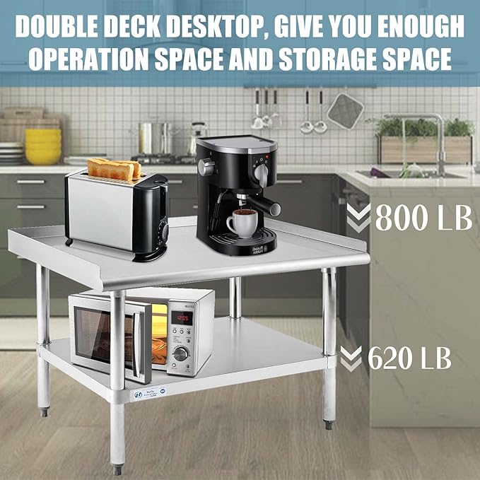 Hally Stainless Steel Equipment Stand 28x36 Inches with Undershelf, NSF Commercial Prep & Work Table with Rear and Side Risers, Heavy Duty Grill for Kitchen, Bar, Restaurant, Home and Hotel