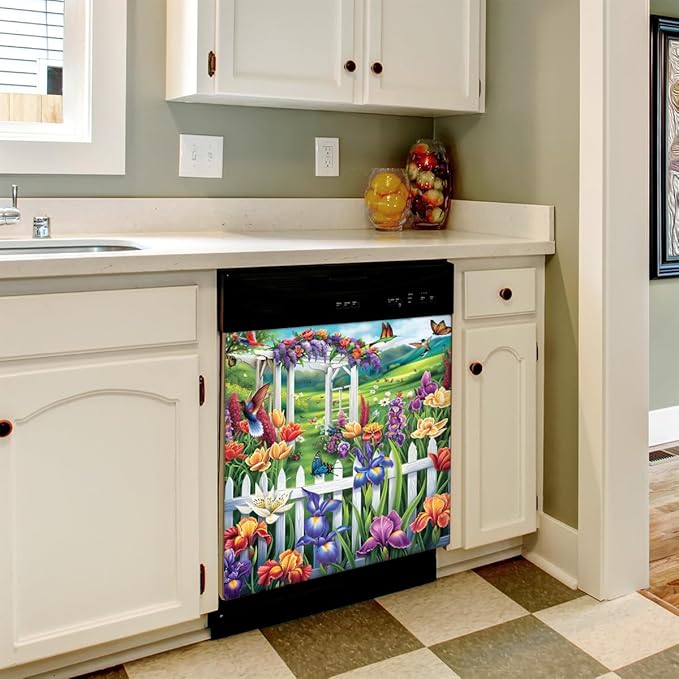Garden Iris Bird Butterflies Dishwasher Magnet Cover, Reusable Refrigerator Panel Stickers Microwave Front Door Covers Magnets for Kitchen Home Appliances Holiday Party Decorations 23 X 26 in
