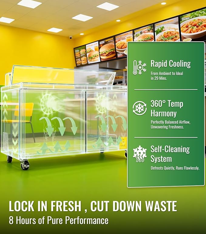 60" W Commercial Refrigerator Sandwich Salad Prep Table, 18.6 Cu.Ft Stainless Steel Food Prep Fridge with 16 Pans, Self-closing Door, Adjustable Shelves, Auto Defrost, Good Choice for Salad Shops
