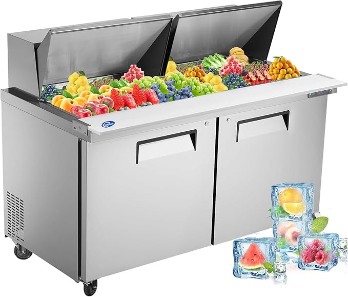 60" W 2 Door Refrigerator Sandwich Salad Prep Table Commercial Stainless Steel Fan Cooling Refrigerator with Cutting Board, 2 Shelves & 24 Pans for Restaurant, Bar, Shop-16.4 Cu.ft