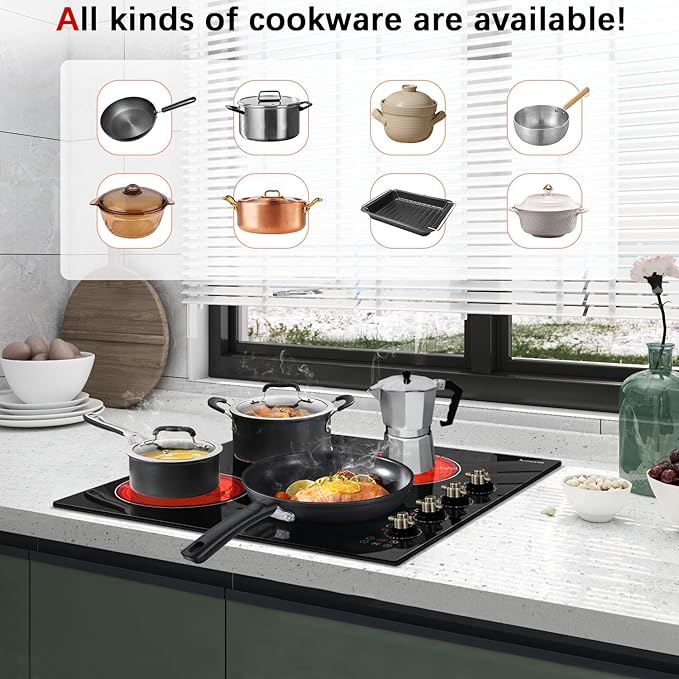 Karinear Electric Cooktop 24 Inch, 4 Burners Electric Stove Top, Built-in Radiant Cooktop Knob Control, Safety Lock, Timer, Pause, 6000W 220~240V Hard Wired(No Plug)