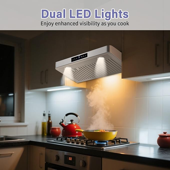 30" Under Cabinet Range Hood,1200CFM Vent Hood with Powerful Suction,4-Speed Exhaust Fan,Stainless Steel Ducted Kitchen Exhaust Hood with Led Lights,Smart Touch Panel, 15S-E30