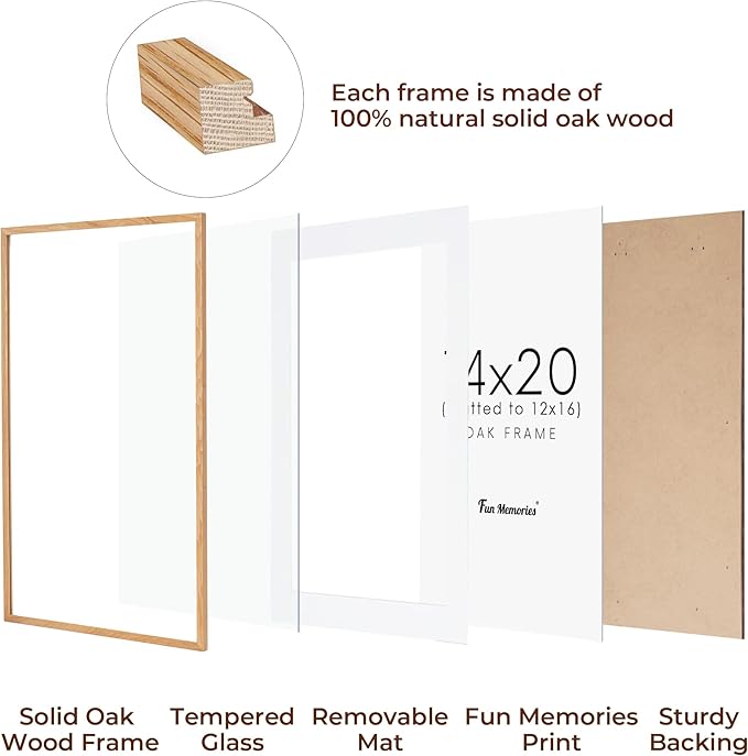 Fun Memories 14x20 Picture Frame, Solid Oak Wooden 14"x20" Photo Frame for Wall, 14 x 20 Frame Matted to 12 x 16, Tempered Real Glass, 14 x 20 Collage Gallery Frames (Natural Oak Color, 1 Pack)
