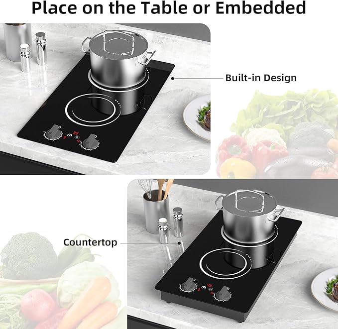 VBGK Double Induction Cooktop,110V 2300W 2 burner induction cooktop,2 burner Hot Plate Electric burner with LCD Touch Screen 9 Levels Settings Child Safety Lock & Timer
