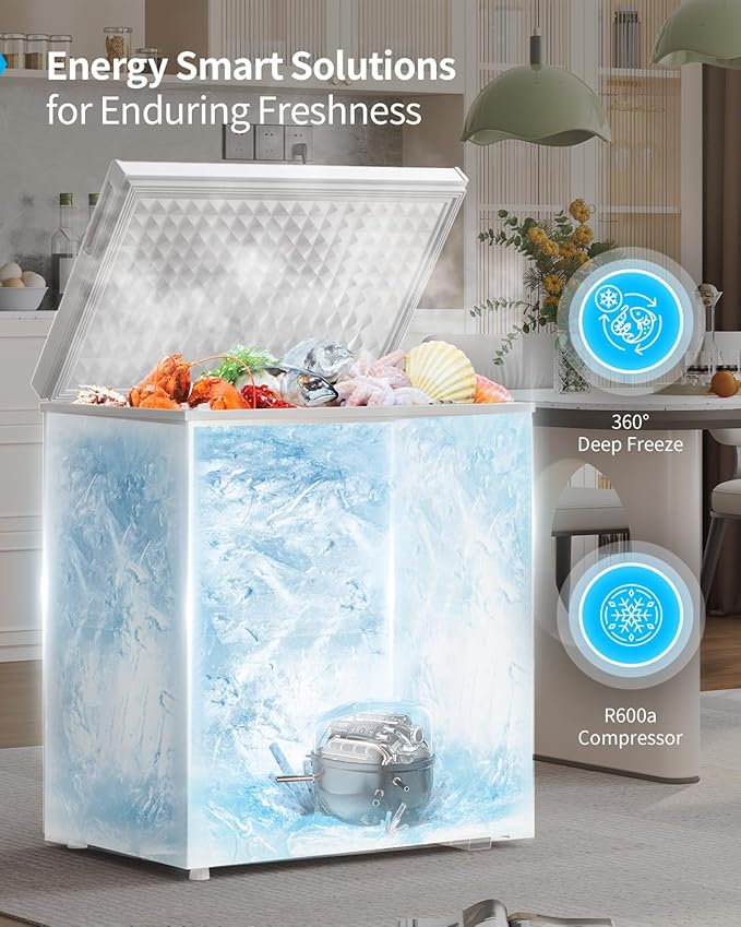 TABU 7.0 Cubic Feet Chest Freezer, Energy Saving Chest Deep Freezer with 7 Level Adjustable Thermostat, Top Opening Compact Freezer with Removable Storage Basket (White)