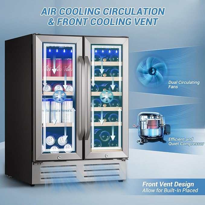 Wine and Beverage Refrigerator, 24 Inch Dual Zone Wine Beverage Cooler Under Counter with Glass Door&Lock, 18 Bottles and 68 Cans Large Capacity for Beer Soda Drink, Built-In or Freestanding Fridge