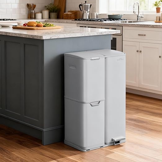 mVm 16 Gal Kitchen Trash Can, 3 Compartment Trash Can, Heavy Duty Anti Fingerprint Recycling Bin for Farmhouse Decor(Cement)