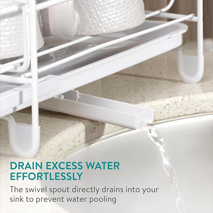 Navaris Expandable Dish Rack - Adjustable Draining Board for Drying Dishes - Removable Plates and Cutlery Holder - Kitchen Sink Washing Up Drainer with Plug and Drip Tray - White
