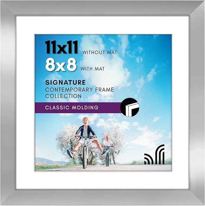 Americanflat 11x11 Picture Frame with Shatter-Resistant Glass - Use as 8x8 Frame with Mat or Display 11x11 Photo Without Mat - Signature Collection - Square Frames for Wall Display - Silver