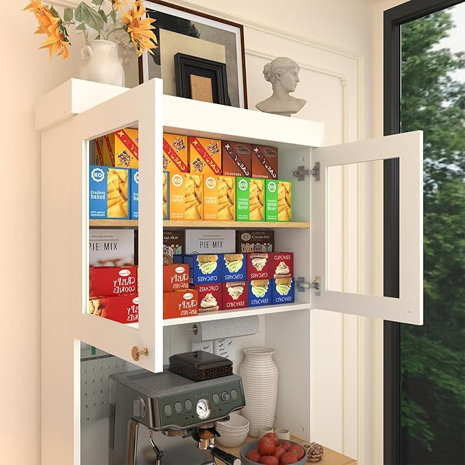 71" Tall Farmhouse Kitchen Pantry, Large Storage Cabinet with Glass Doors, Freestanding Coffee Bar Hutch with Microwave Stand, Adjustable Shelves for Kitchen, Living Room, White 4 Pcs