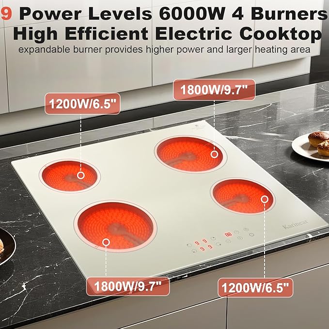 Karinear Electric Cooktop 24 Inch, Beige-gray Glass Electri Cermaic Stove, 4 Burners Electric Stove Top with Timer, Child Safety Lock, High Temperature Alert, 6000W, Drop-in 240V Hardwire(No plug)