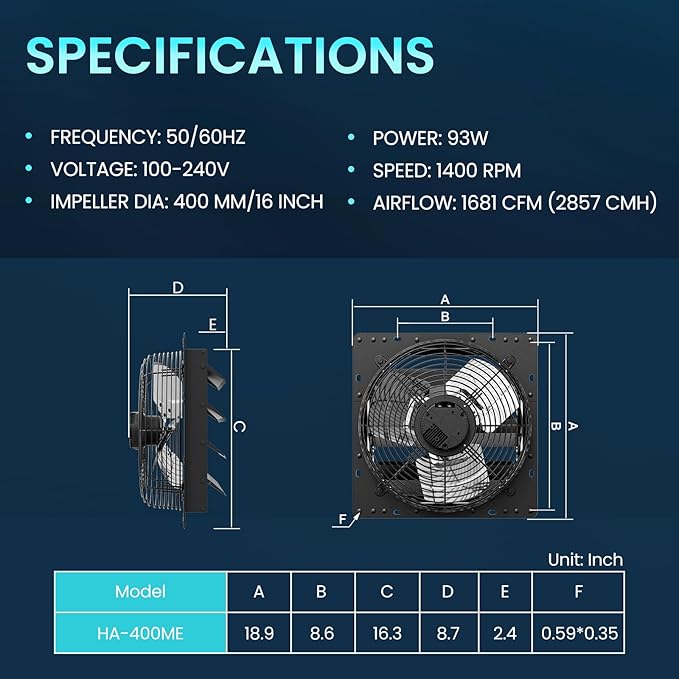HG Power 16 Inch Attic Fan with Speed Controller, 1681 CFM Shutter Exhaust Fan with EC Motor, Wall Mounted Greenhouse Fan for Shed, Basement, Gable, Chicken Coop Ventilation Use, Black