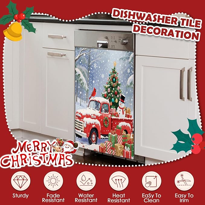 Christmas Truck Tree Dishwasher Magnet Cover, 23" W x 26" H Fridge Magnetic Stickers Reuseable Magnet Panel Decal Cover for Washing Machine Fridge Microwave Cabinet Kitchen Christmas Decoration