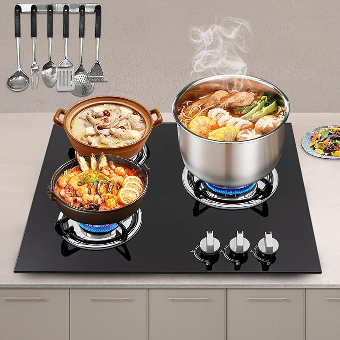 Built-in Gas Cooktop,3 Burners Gas Stovetop,NG Cooktops with Glass panel,countertop with Auto Shutoff, Hob for kitchen