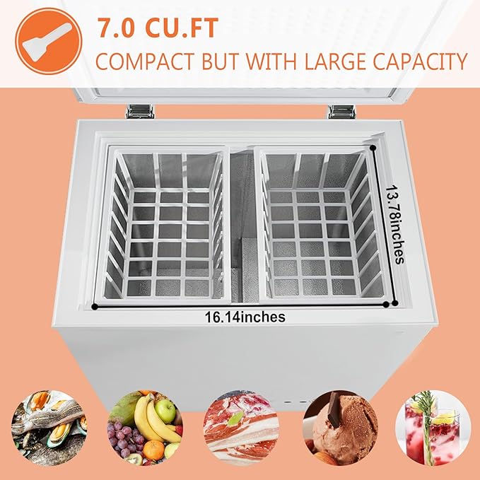 7.0 Cu.Ft Compact Chest Freezer with Removable Basket, Krib Bling Top Door Open Freestanding Deep Freezer with 7 Gears Temperature Adjustment, Ideal for Home, Kitchen & Office, White