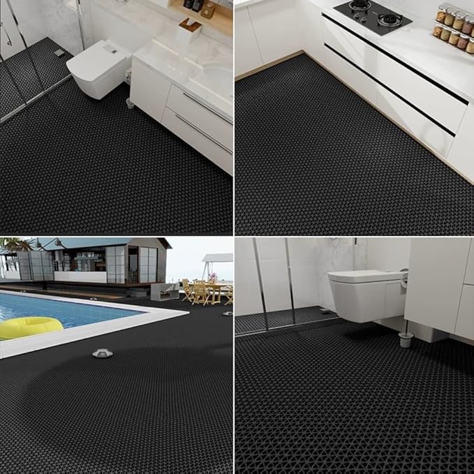 PVC Drainage Floor Mat Non-Slip Commercial Wet Area Mat for Outdoor and Indoor Restaurant Kitchen Bar Swimming Pool Splash Matting Water Drain Flooring Mat (Black, 4FTX10FT)