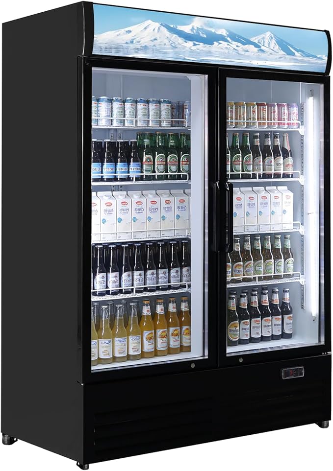 36 Cu Ft Commercial Beverage Refrigerator with 2 Glass Doors - Upright Drink Cooler Merchandiser with LED Light Display, 8 Adjustable Shelves, Black, ETL Approved for Business & Retail