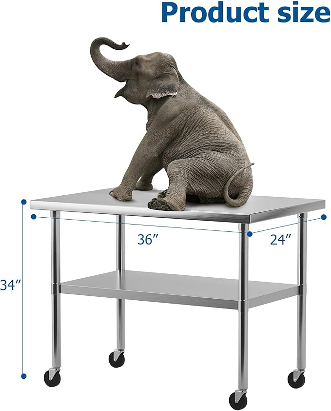 36" x 24" Stainless Steel Work Table NSF Certified Heavy Duty Commercial Kitchen Prep Table with Undershelf & Caster Wheels for Home, Restaurant, Hotel, Silver