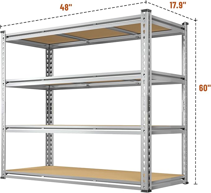 Garage Shelving Load 2100LBS, 4-Tier Storage Shelves, Adjustable Garage Shelves, Shelving Units and Storage, Metal Shelf for Kitchen, Pantry, Warehouse, 48" W x 60" H x 17.9" D, Galvanized