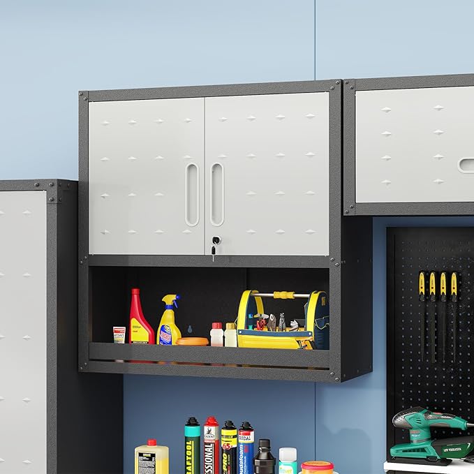 Garage Cabinet Wall Mounted with Doors and Opening Drawer, Heavy Duty Metal Garage Wall Cabinets Hanging Cabinets with Lock Tool Cabinet for Kitchen Warehouse, Assembly Required