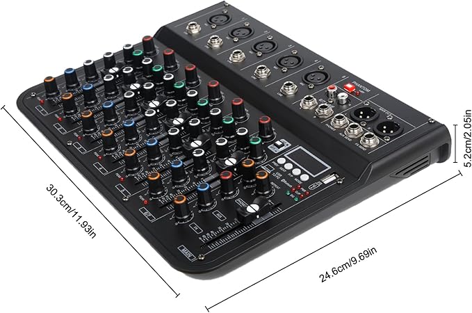 7 Channel mixer, DJ Mixer Board, Audio Sound Card with Interface Recording and 48V Phantom Power, Sounds Mixer Board with FX Reverb Delay Effect for Streaming