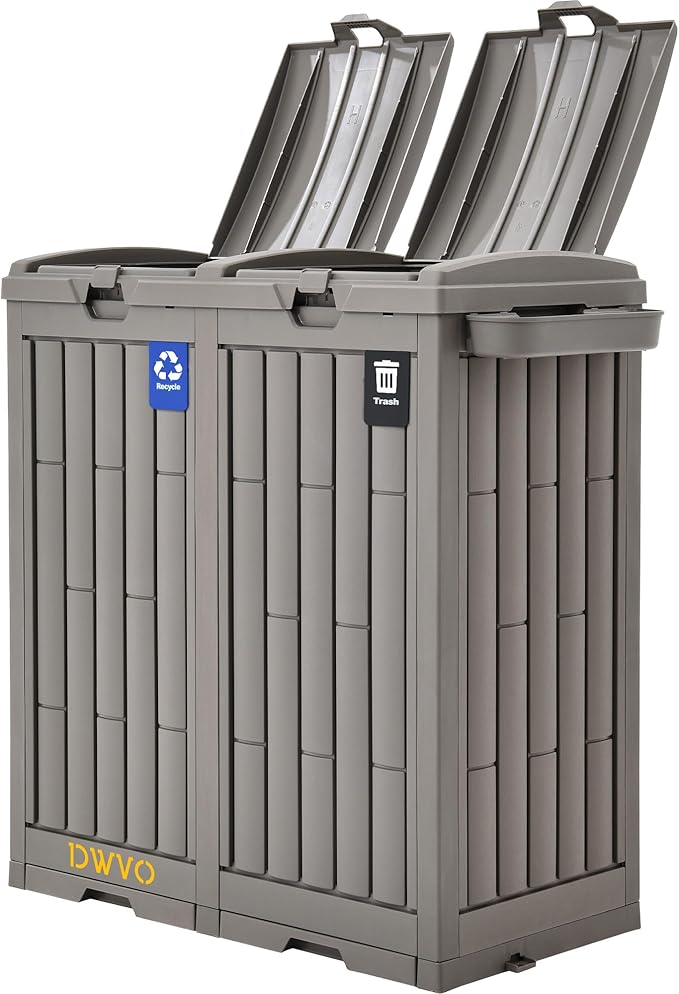 DWVO 76 Gallon Outdoor Trash Can, Dual-Compartment Resin Garbage Bin with Lid, Includes 2 Sorting Labels, Ash Holder, Stakes & Suction Cups, Hideaway Storage for Patio Backyard Garden, Light Brown