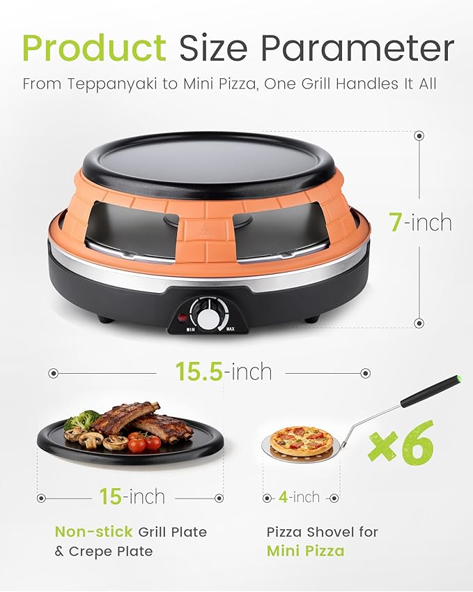 Multifunction Raclette Grill & Mini Pizza Oven, 1200W Electric Pizza Oven with Flat Griddle Top, Indoor Grill with 6 Mini Pizza Baking Slots, Temperature Control, Personal Pizza Maker, PM-01