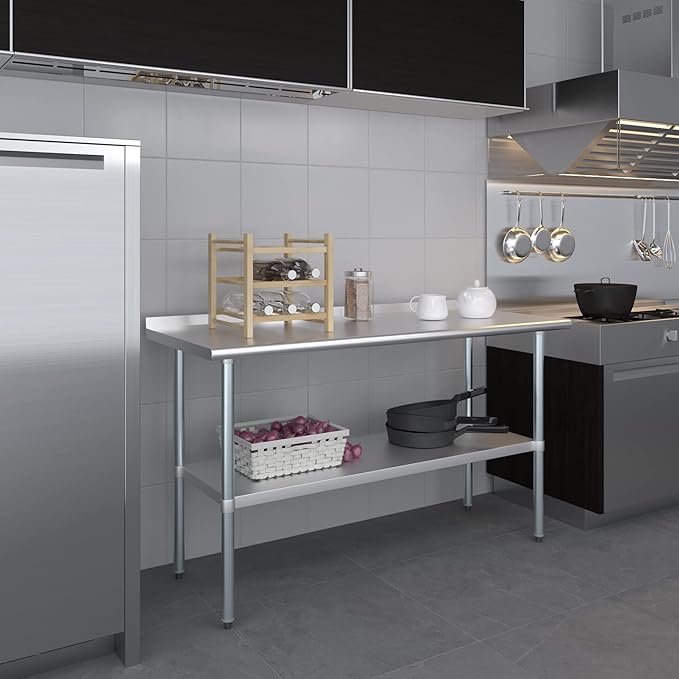 AmGood 60" Long x 24" Deep Stainless Steel Work Table with 1.5" Backsplash | Metal Kitchen Food Prep Table | NSF