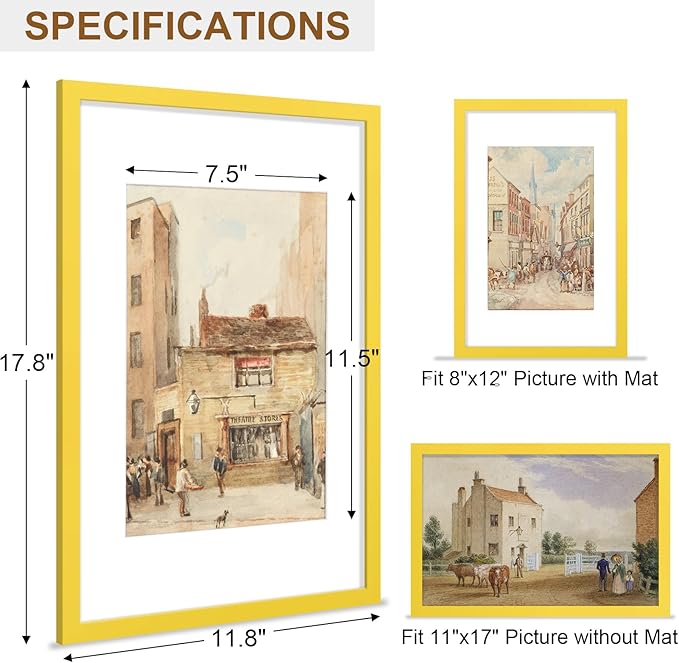 Vittanly 11x17 Picture Frame, Solid Wood Frame with Plexiglass, Includes 8x12 Mat, Wall Hanging for Photos, Home Decor, Yellow, 1 Pack
