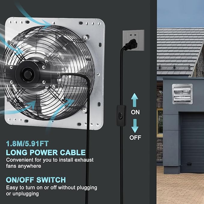 12 Inch Shutter Exhaust Fan for Garage, Greenhouse, Attic, Chicken Coop, Shop, Shed, Basement Ventilation, 970 CFM 1680RPM High Speed Wall Mounted Vent Fan with ON/OFF Switch 1.8M Power Cord Kit