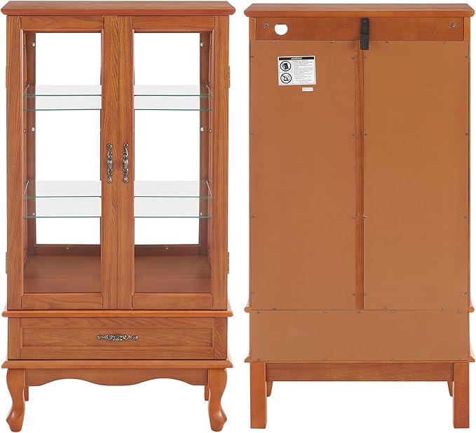 49" H Lighted Curio Cabinet Display Case, Glass Curio Cabinet with Adjustable Shelves,Tempered Glass Door and Drawer, Wooden Cabinets w/Mirrored Back Pane for Living Room (Oak)