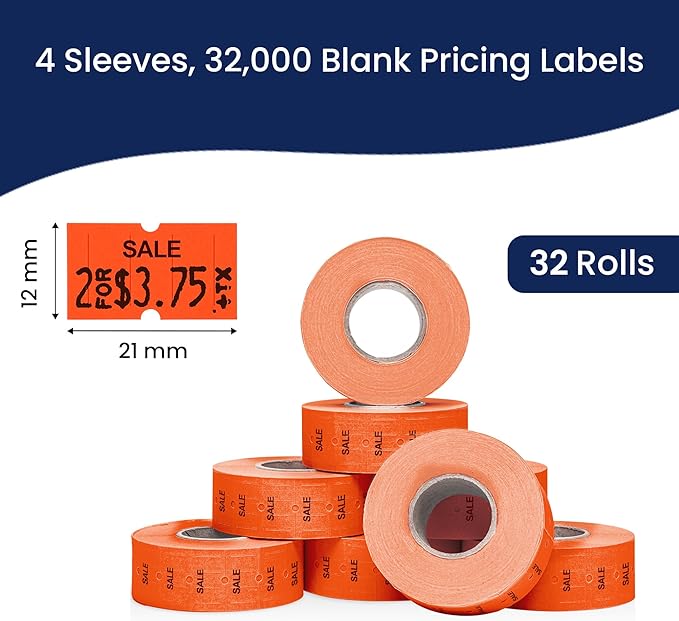 Perco 1 Line Fluorescent Red Sale Labels - 32 Rolls, 4 Sleeves, 32,000 Blank Price and Date Gun Labels for Perco Lite, X, Plus and Pro 1 Line Price and Date Guns - Made in USA