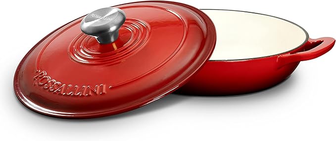 Signature Enameled Cast Iron Braiser, Non-Stick Serving Pot with Tight Fitting Lid for Perfect Roasting, Baking, Sauteing, Searing, and Pan Frying | 5Q (4.7L) - Red