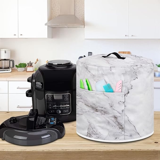 Air Fryer Dust Cover Compatible with 3 Quart Insulated Kitchen Appliance Cover with Top Handle and Front Pockets for Women Gift, White Marble