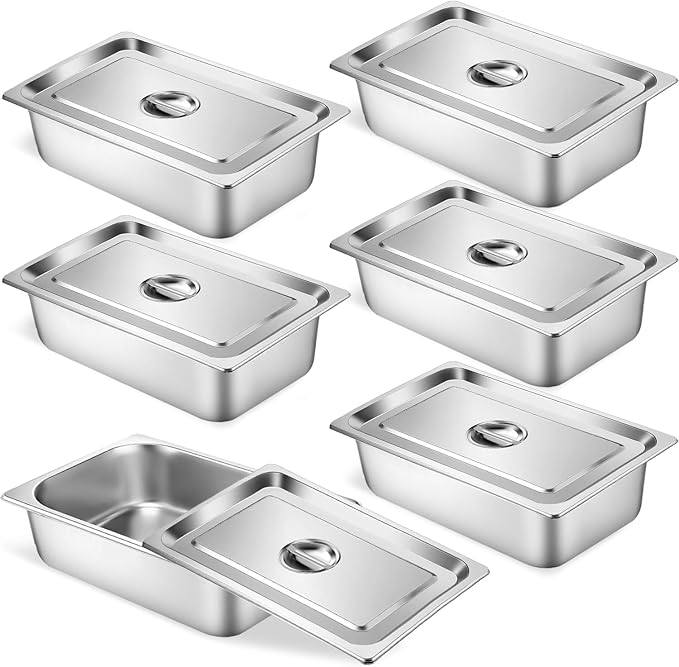 6 Set Stainless Steel Hotel Pans Full Size 4 Inch Deep With Lids, Anti-Jam Chafing Steam Table Pans, Catering Food Storage Metal Pan