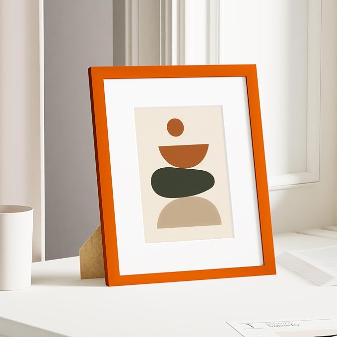 Vittanly 8x10 Picture Frame, Solid Wood Frame with Plexiglass, Includes 5x7 Mat, Wall Hanging or Tabletop for Home Decor, Orange, 1 Pack