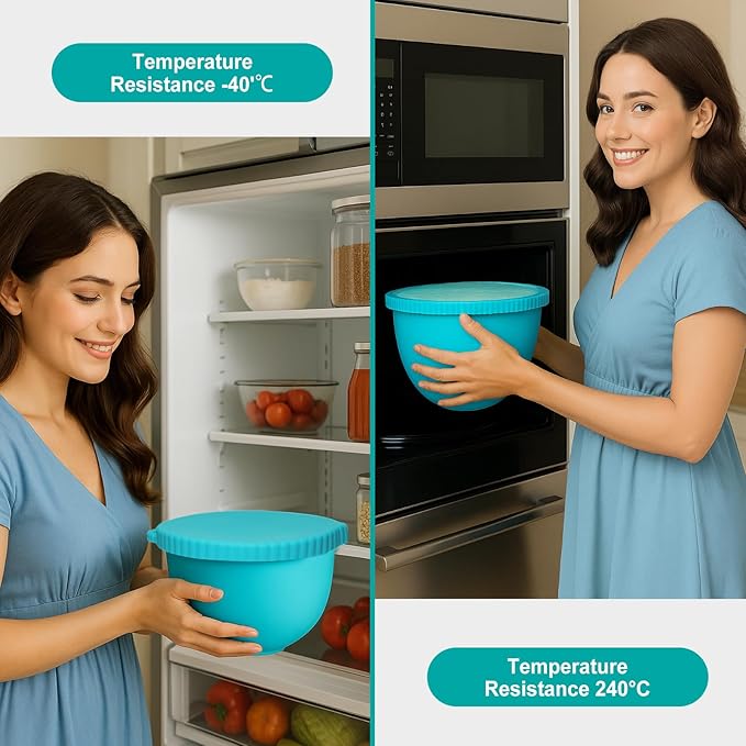 Upgraded 4.5-5QT Silicone Bowl Liners for KitchenAid Mixer, Thick Design with Pour Spout, Measurement Marks & Hanging Holes for Easy Storage, 3-Pack with Lids, No-Spill & Space-Saving