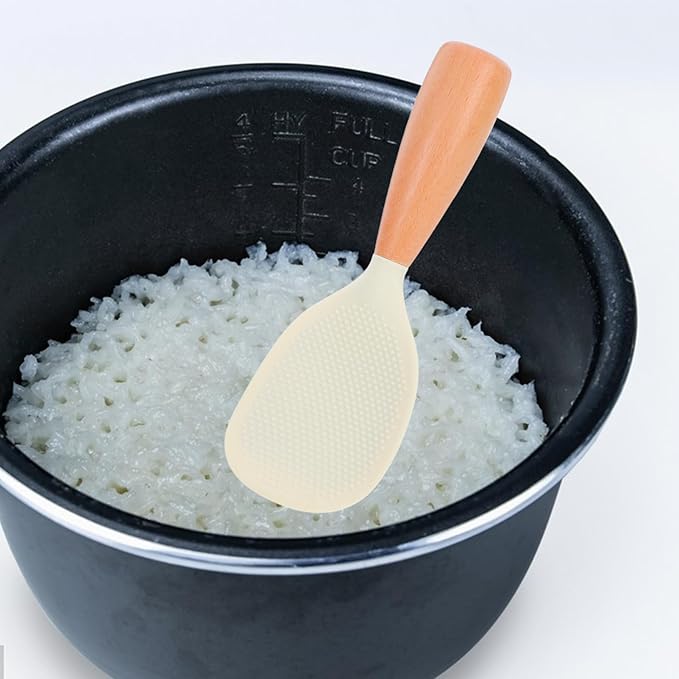 Heat Resistant Silicone Rice Paddle with Wooden Handle Non-Stick Self-Standing Rice Scoop for Cooker Ergonomic Anti-Slip Grip Kitchen Serving Spoon