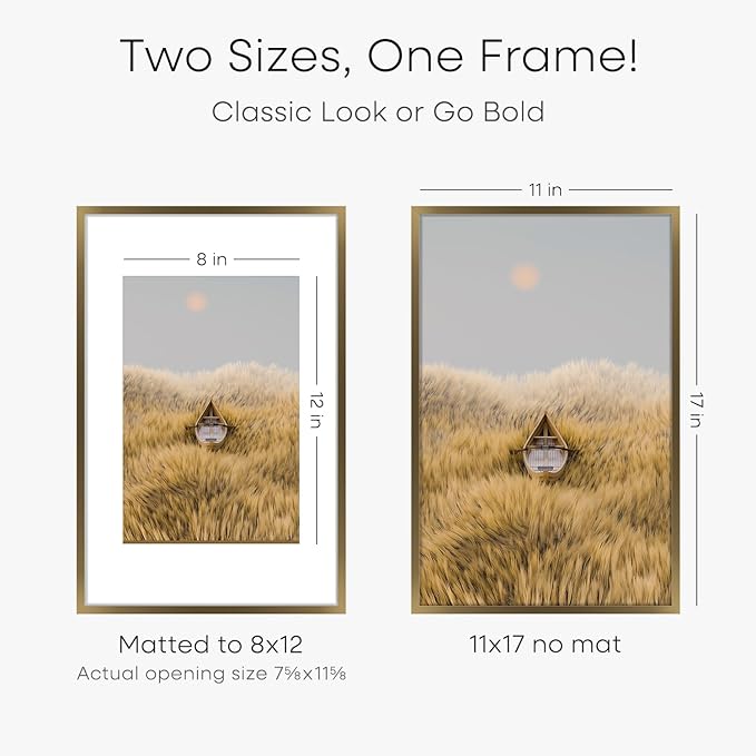 Homeforia 11x17 Bronze Picture Frame, High End Metal 11x17 Brass Poster Frames with Mat 8x12 for Photo, 11 x 17 Frame Matted to 8 by 12 inch Print, 17x11 Thin Frame, Tempered Glass, Wall Kit, Set of 3