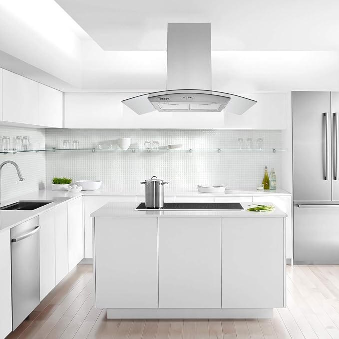36 inch Island Range Hood 700 CFM Ceiling Mount Hood Stainless Steel Stove Vent Hood with Tempered Glass, Push Button Controls, Mesh Filters