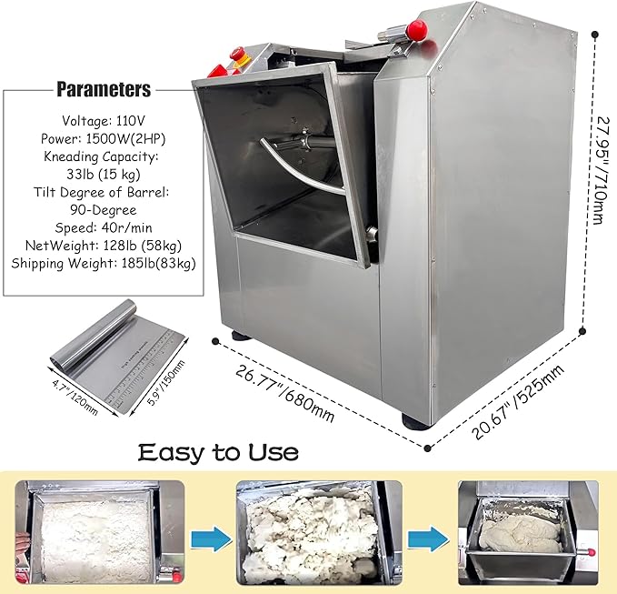INTSUPERMAI 110V Commercial Dough Mixer Machine 15 KG Kneading Capacity Electric Food Mixer Flour Mixer1500W/2HP for Dough Mixing Kneading