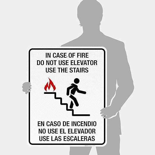 in Case of Fire Do Not Use Elevator Use The Stairs Bilingual Sign, Fire Safety Sign, 24x30 Inches, 3M EGP Reflective .080 Aluminum, Fade Resistant, Indoor/Outdoor Use, Made in USA