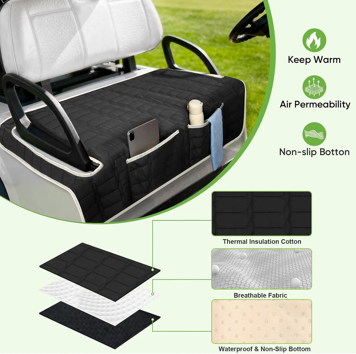 Golf Cart Seat Cover, Universal Bench Seat Cover with Storage Pockets, Non-Slip Seat Protector for Golf Cart, Fits EZGO Club Car Yamaha, Easy Install, Black