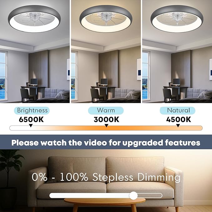 20'' Ceiling Fan with Light, Upgraded Low Profile Fan, Flush Mount Ceiling Fan, 6 Speeds, Dimmable LED, App & Remote Control, Quiet DC Motor, for Bedroom, Living Room, F109 Grey